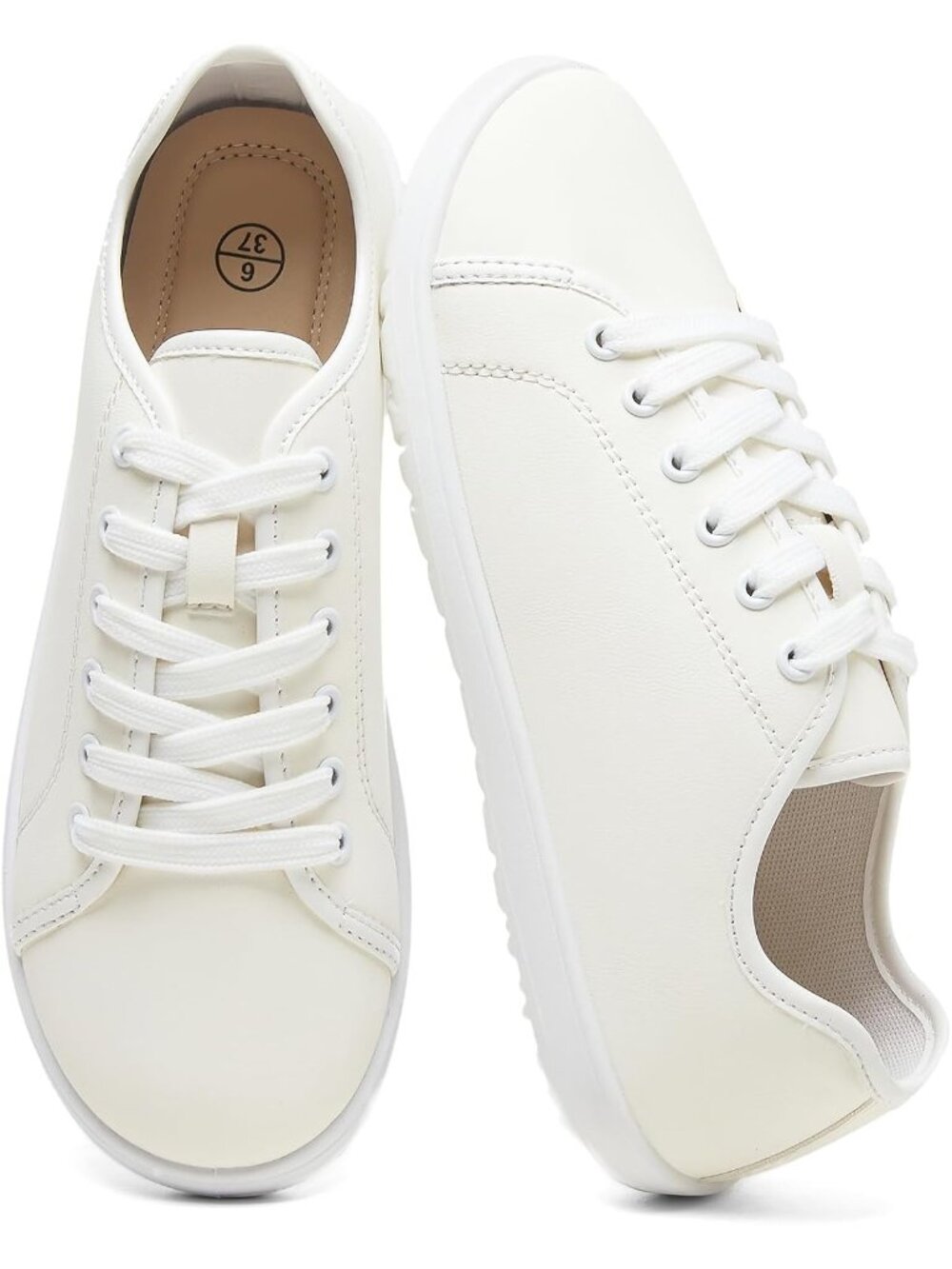 Women's Beige White Faux Leather Waterproof Thin Sole Non Slip Round Toe Sneaker